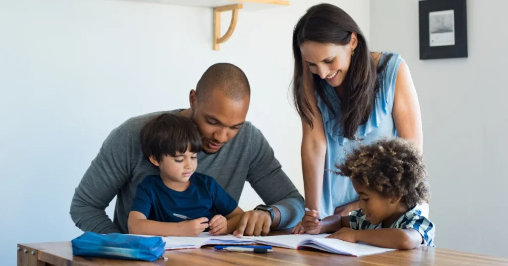 Parent and child working together at home