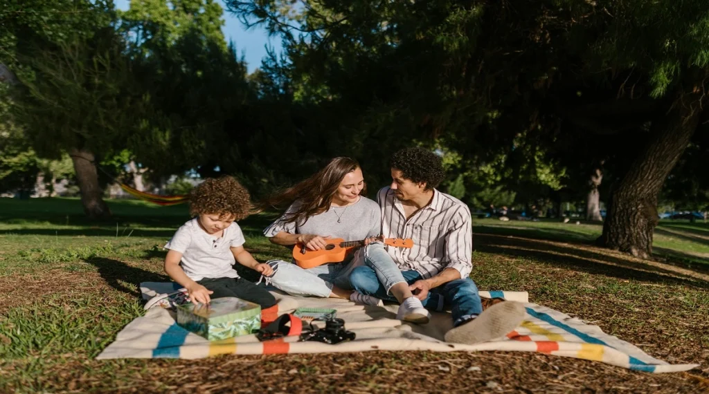 Family sharing a calm moment during a simple outdoor outing together