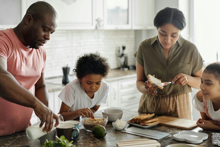Family following a calm daily routine at home