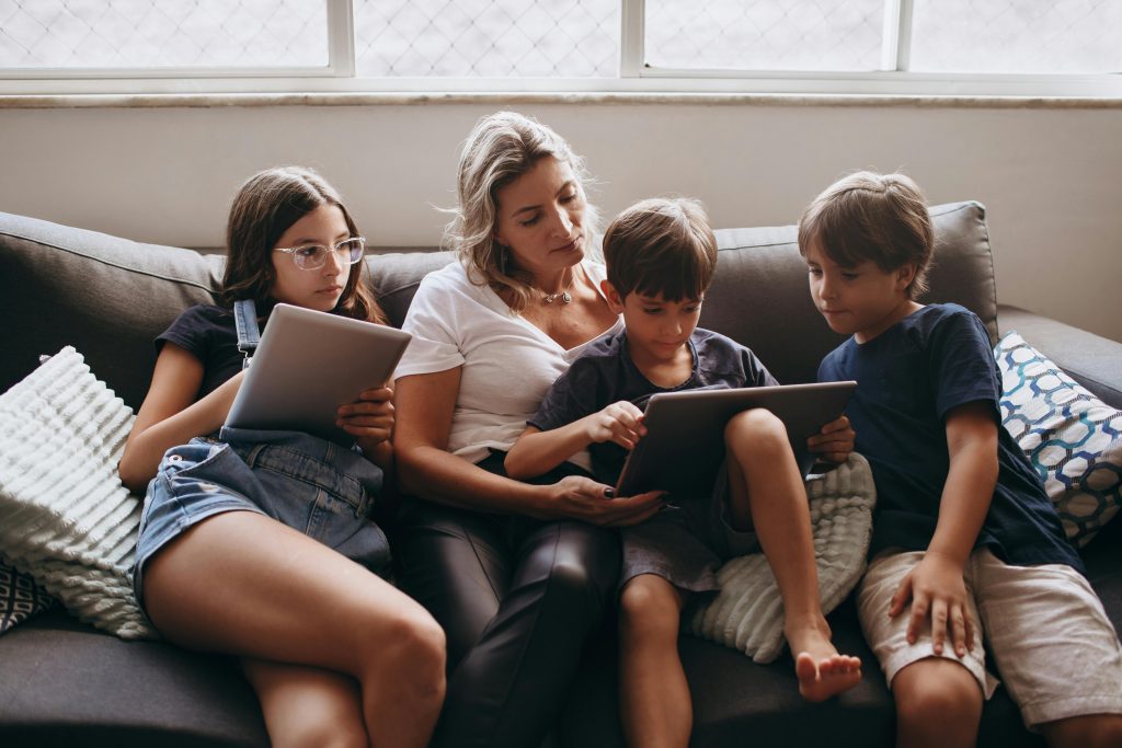 Shared home device area helping organize family screen use
