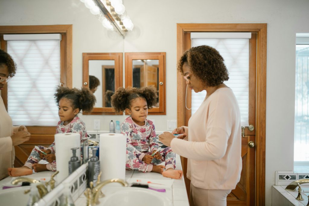 Parent and child following a calm morning routine together