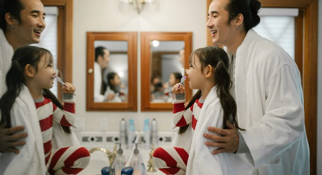 Parent and child starting a multi-step routine with a clear first action