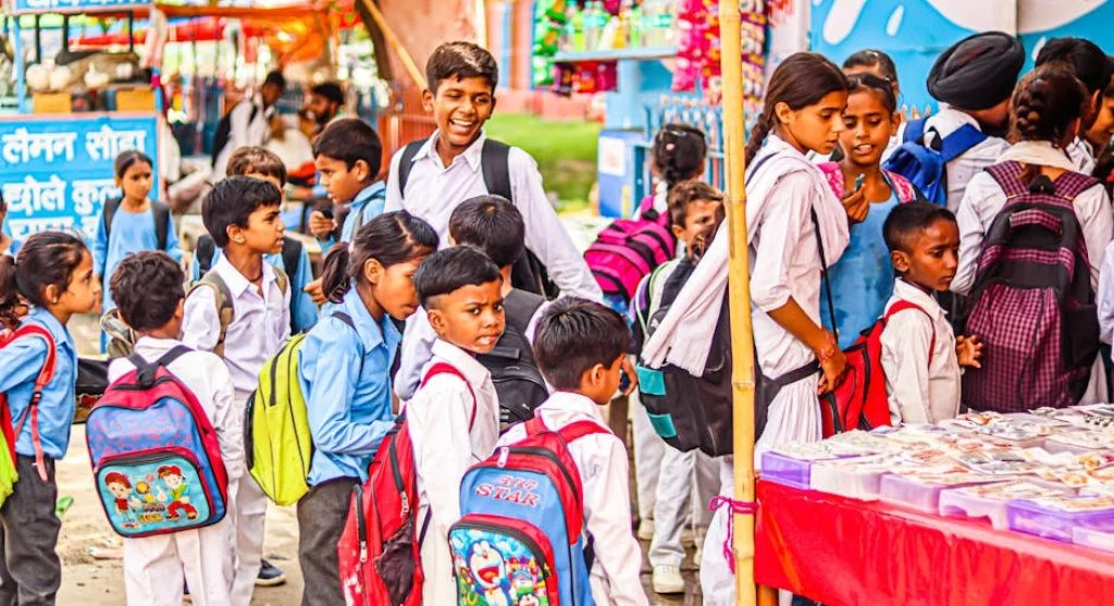 children waiting patiently in line
