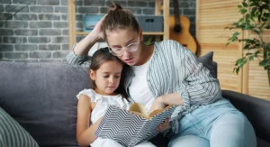 Parent and child noticing a spelling pattern before practicing words at home