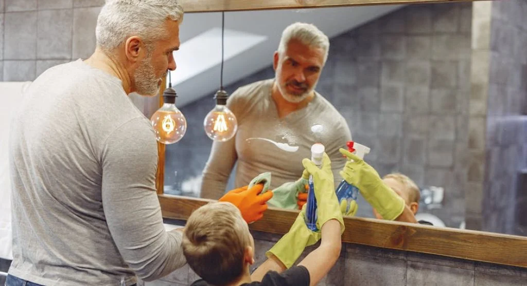 parent child cleaning home