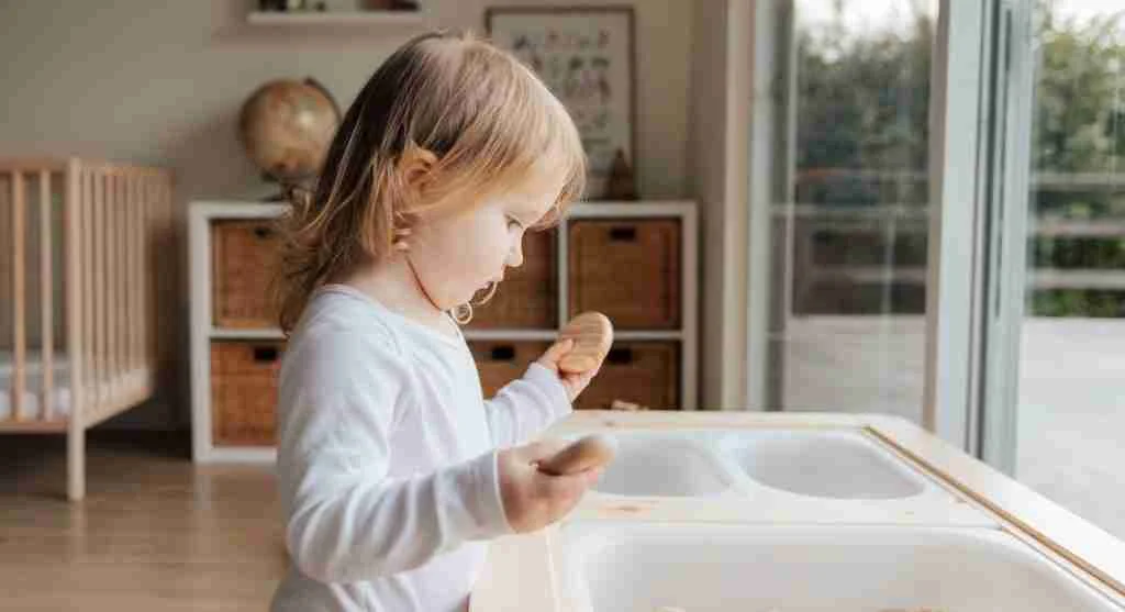 Child comparing two real objects placed side by side on a table