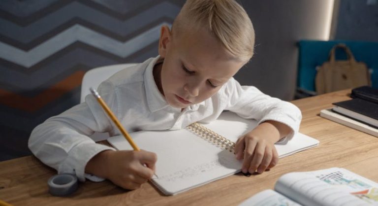 kid studying at desk with books