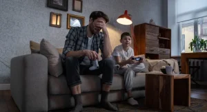 Parent helping a child end game play after one last mission at home
