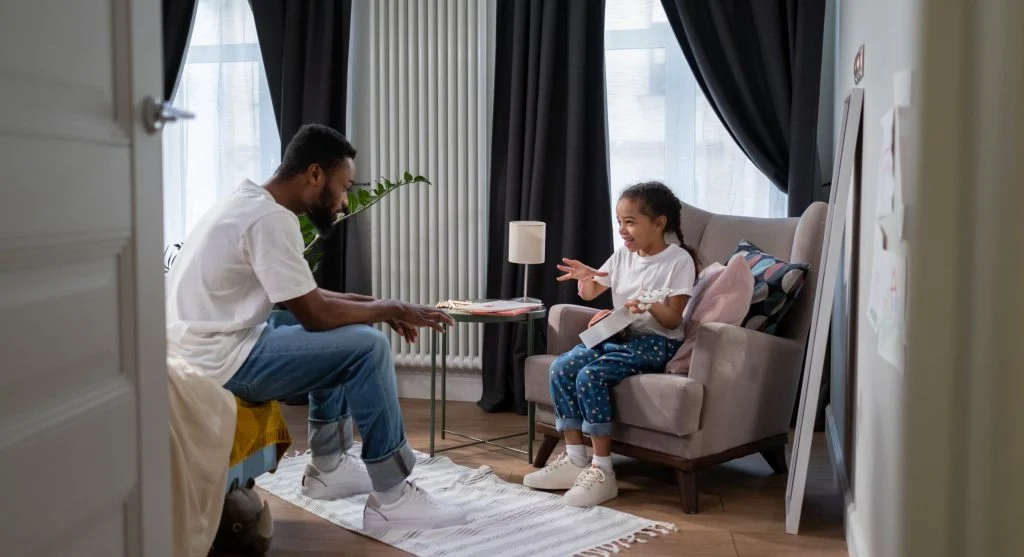 Child using first then and after while talking about the day at home