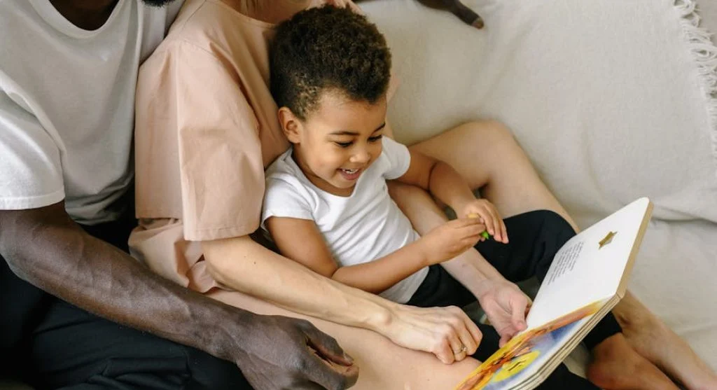 family reading together at home