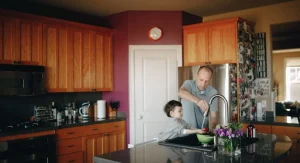 Parent and child using a ready spot near the door before leaving home