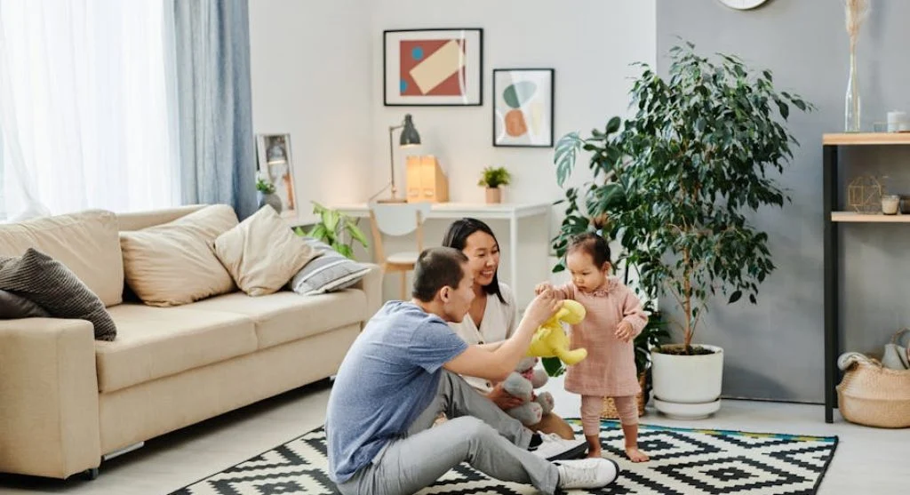 family relaxing in cozy living room