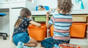 parent & child cleaning playroom